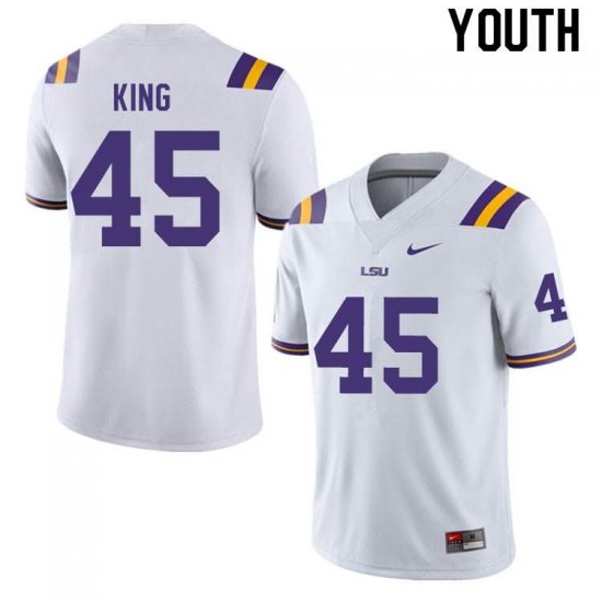 White Stephen King #45 LSU Tigers Youth NCAA Official Football Jersey -Hot Sale